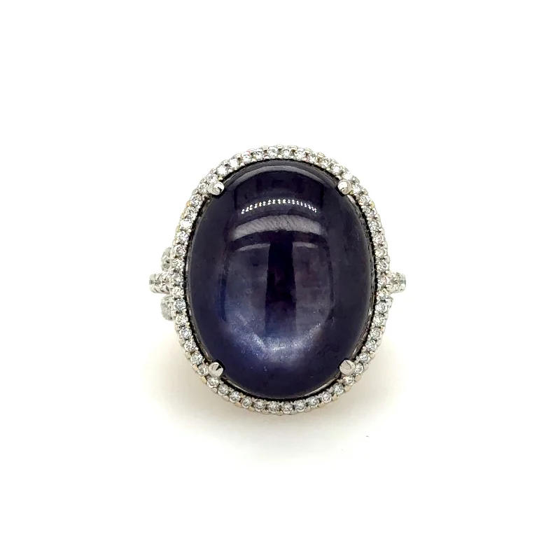 18K White Gold 33.14ct Star Sapphire & 1.29cttw GH-SI1 Diamond Ring