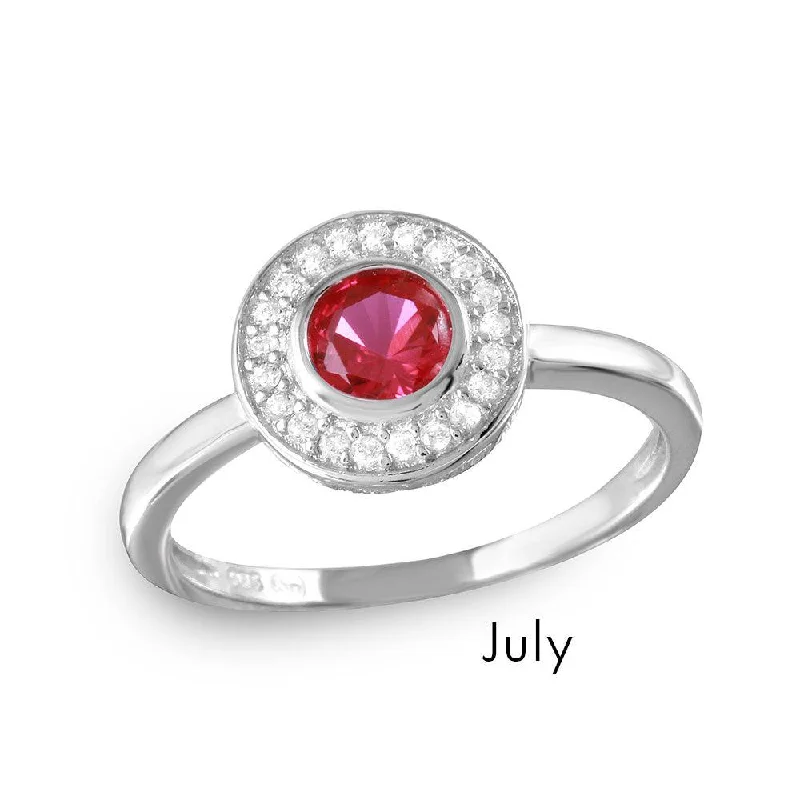 July Sterling Silver 925 Rhodium Plated CZ Center Birthstone Halo Ring - BGR01082JUL