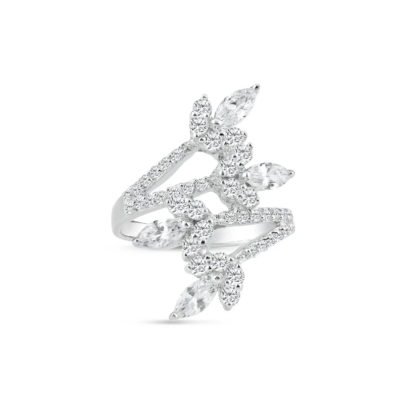 Silver 925 Rhodium Plated CZ Flower Wrap Ring - STR00546