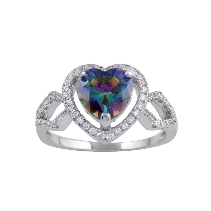 Rhodium Plated 925 Sterling Silver Halo Heart Synthetic Mystic Topaz CZ Ring - BGR01246