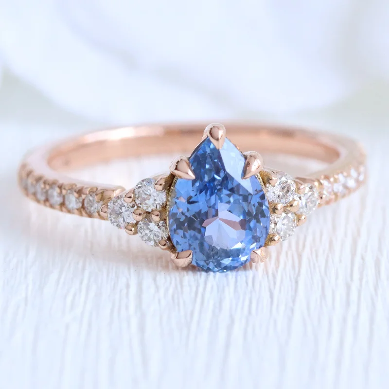 1.78 Ct Pear Ceylon Blue Sapphire Ring in 14k Rose Gold 3 Stone Diamond Ring, Size 6.5