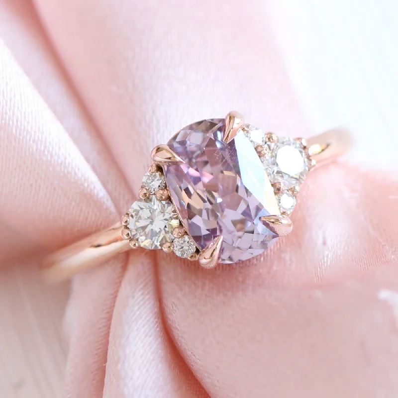 1.74 Ct. Cushion Lavender Sapphire Ring in 14k Rose Gold 3 Stone Diamond Ring, Size 6.25