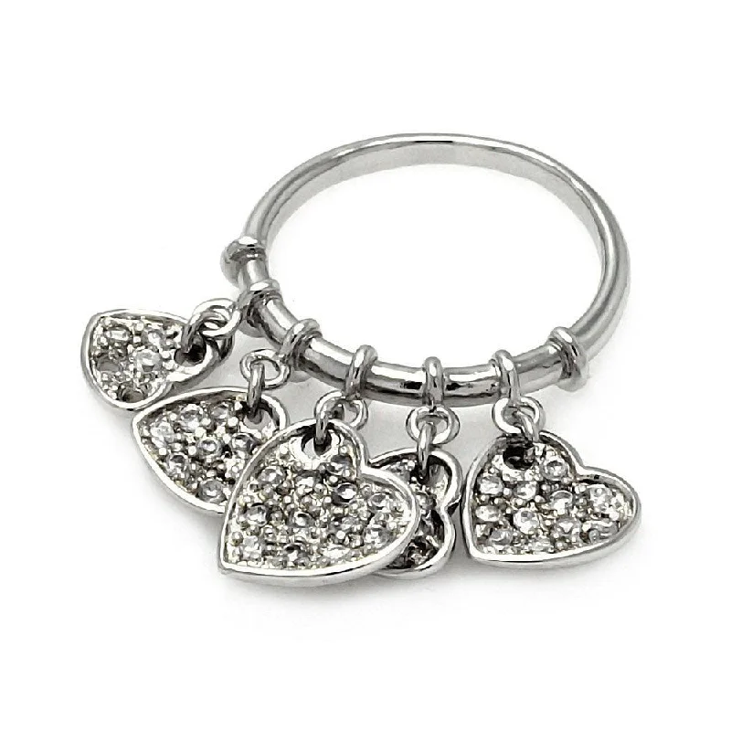 Clearance-Silver 925 Rhodium Plated Multi Dangling CZ Heart Ring - STR00187