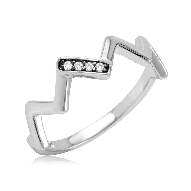 Silver Rhodium 925 Plated ZigZag Ring with Cubic Zirconia Stones - BGR01080