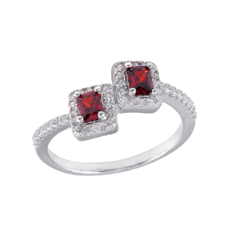 Rhodium Plated 925 Sterling Silver Double Square Red Center CZ Ring - BGR01254RED