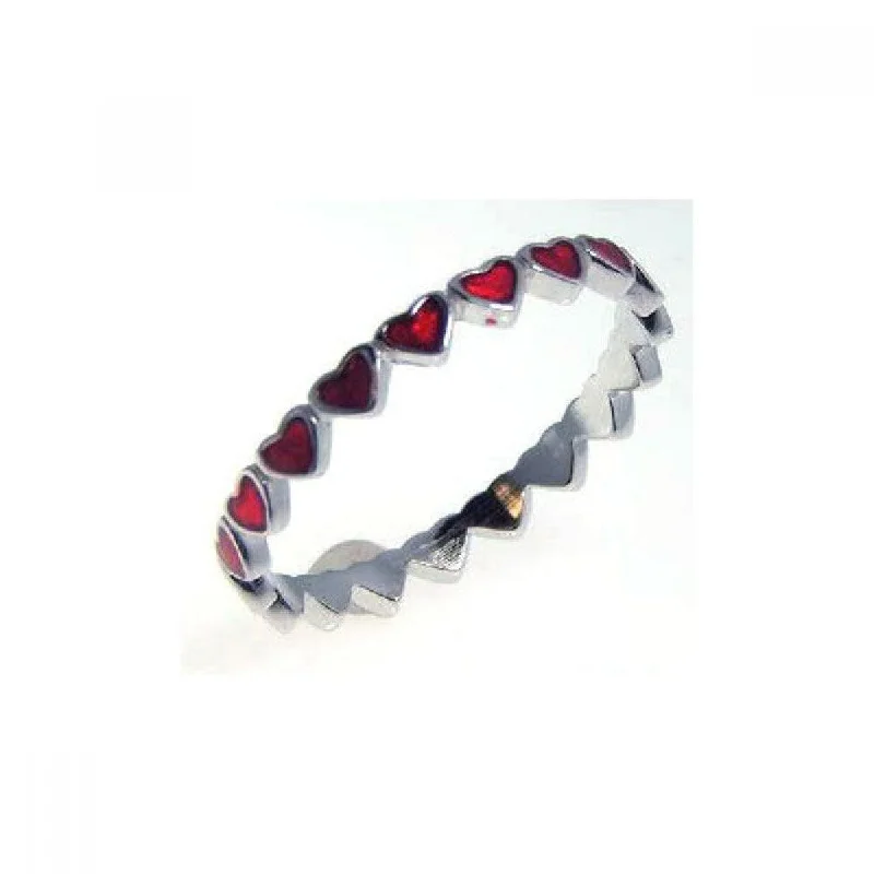 Silver 925 Rhodium Plated Red Enamel Eternity Heart Ring - STR00527