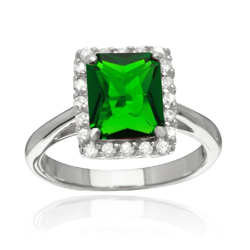 Rhodium Plated 925 Sterling Silver Square Green CZ Halo Ring - BGR01113GRN