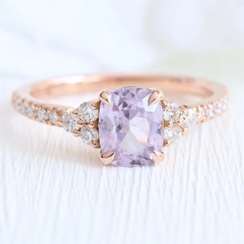 1.9 Ct. Cushion Lavender Sapphire Ring in 14k Rose Gold 3 Stone Diamond Ring, Size 6.5