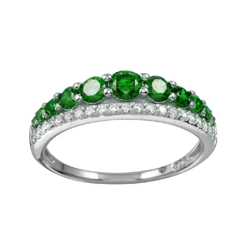 Rhodium Plated 925 Sterling Silver Green and Clear CZ Stones Ring - BGR01175GRN