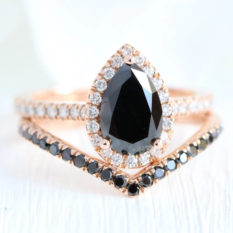 Luna Halo Pear Black Diamond Ring Set w/ Chevron V Shaped Diamond Wedding Band