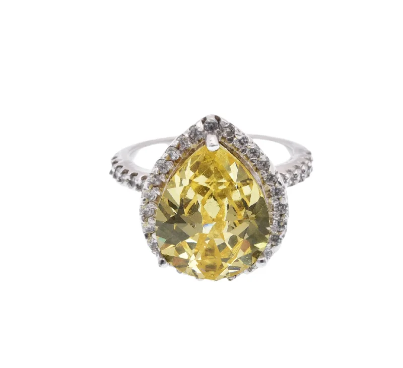 Silver 925 Rhodium Plated Yellow Center Clear Cluster CZ Ring - STR00386YEL