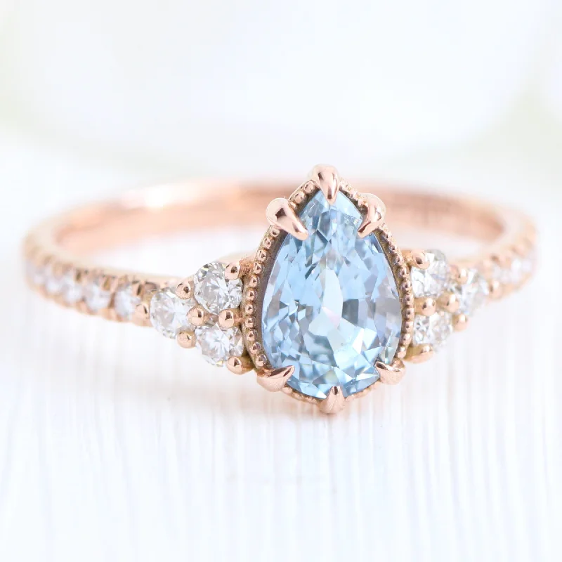 Pear Aqua Blue Sapphire Diamond Ring in 14k Rose Gold Vintage 3 Stone Ring, Size 6.5