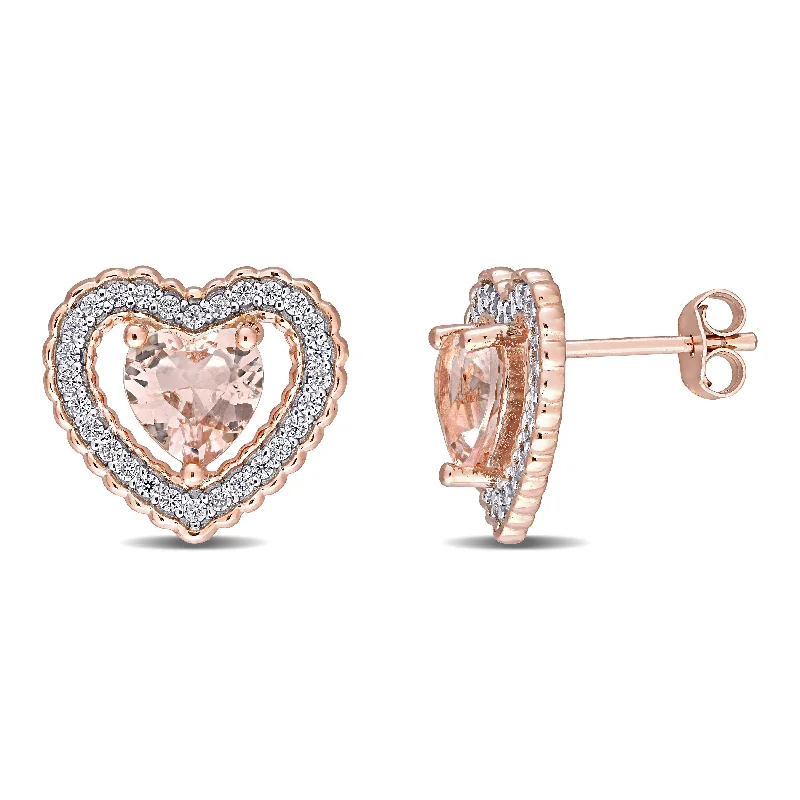 Miadora Rose Plated Sterling Silver Simulated Morganite & Cubic Zirconia Halo Heart Stud Earrings - 13.1mm x 4mm - 13.1mm x 4mm