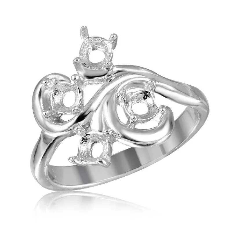 Silver 925 Rhodium Plated Vine Design 4 Stones Mounting Ring - BGR01208