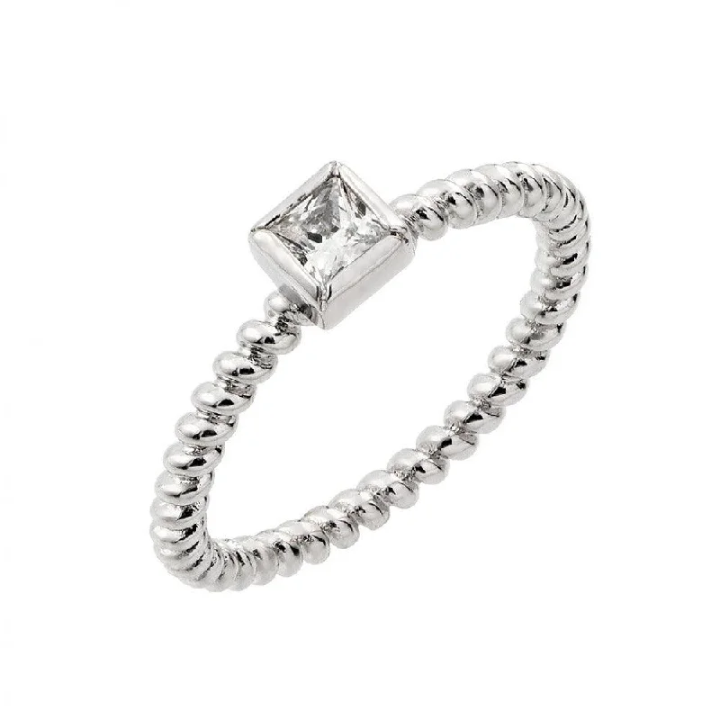 Silver 925 Rhodium Plated Clear Square Center CZ Bead Ring - BGR00857