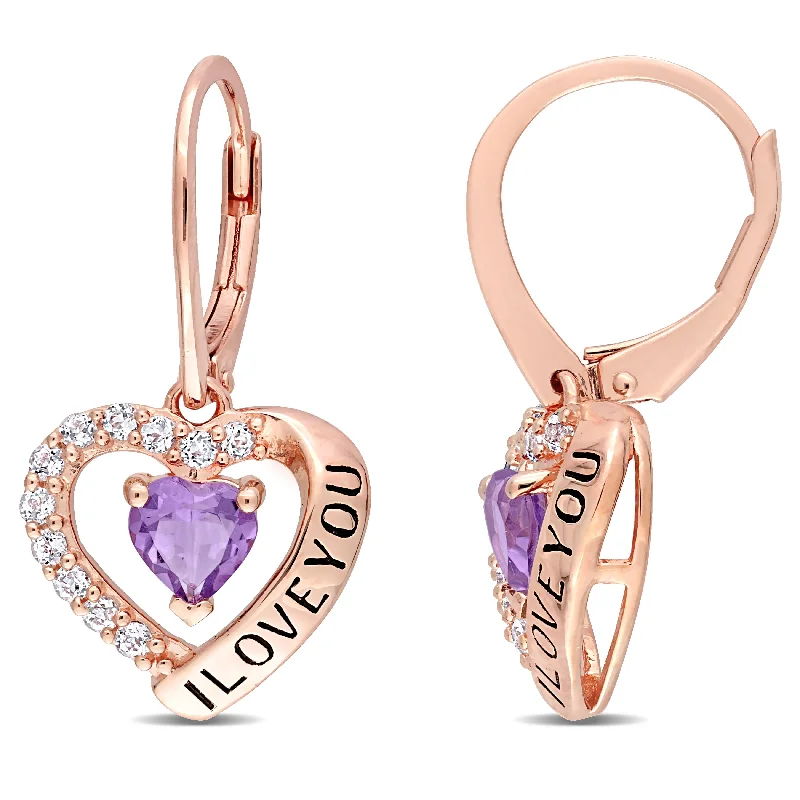 Miadora Amethyst & White Topaz "I Love You" Heart Halo Drop earrings in Rose Plated Sterling Silver