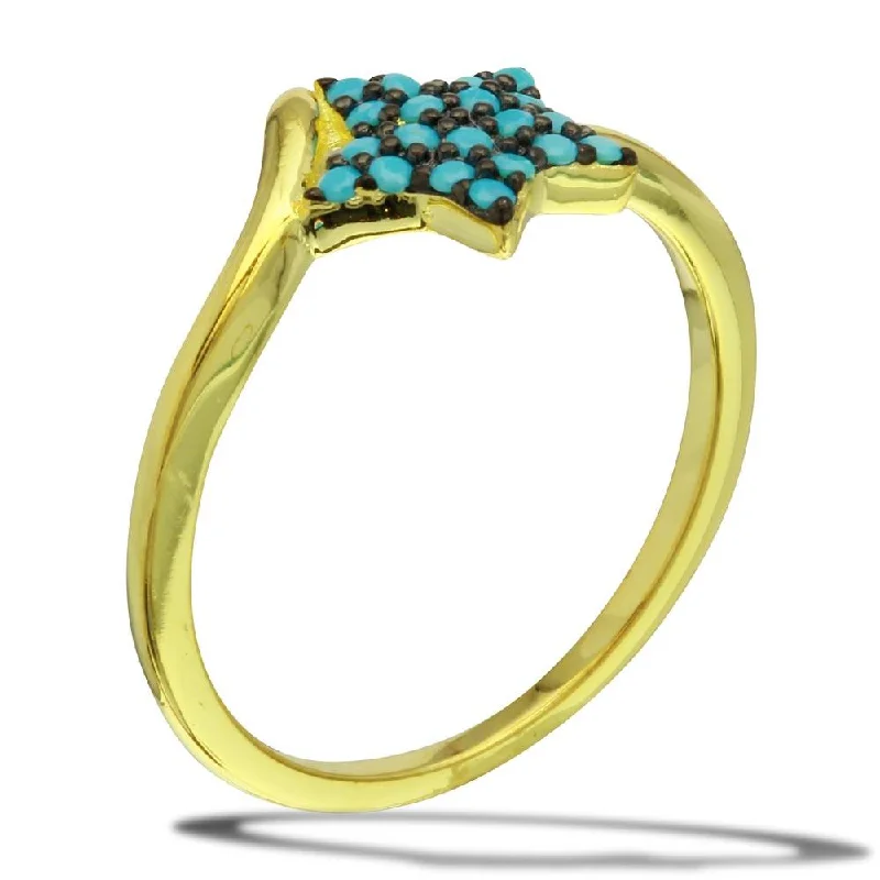 Gold Plated 925 Sterling Silver Star Ring with Turquoise Beads - BGR01115