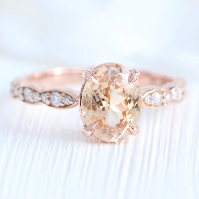 2.14 Ct Oval Peach Sapphire Diamond Ring in 14k Rose Gold Low Profile Ring, Size 6.25