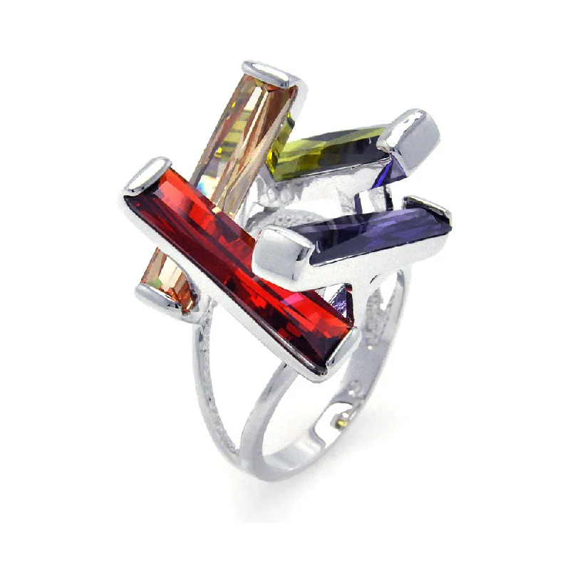 Clearance-Silver 925 Rhodium Plated Multi Colored CZ Open Long Bar Ring - BGR00259