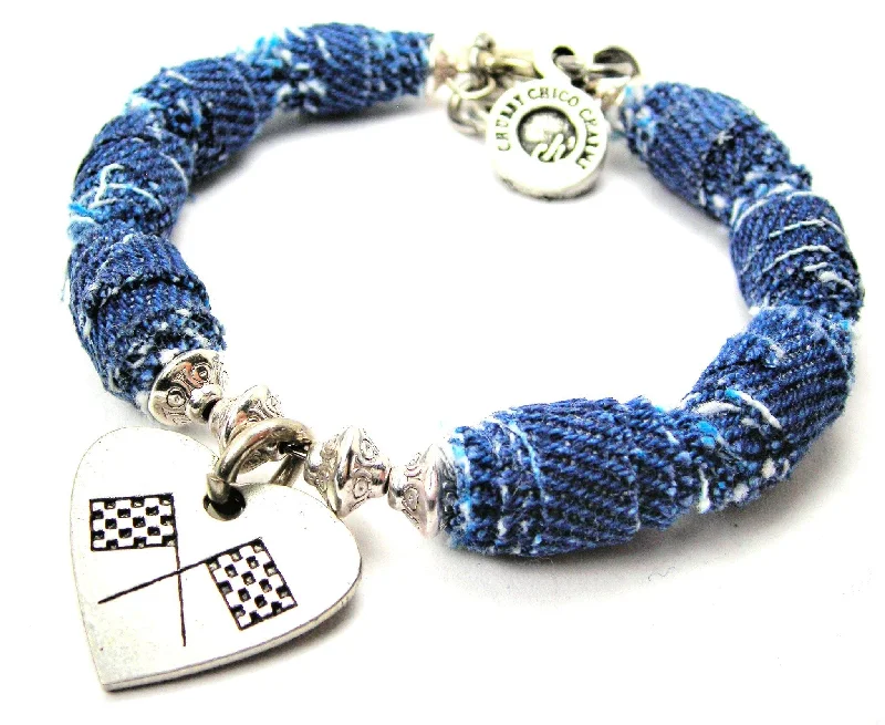 Crossed Race Flags In A Heart Blue Jean Beaded Toggle Bracelet