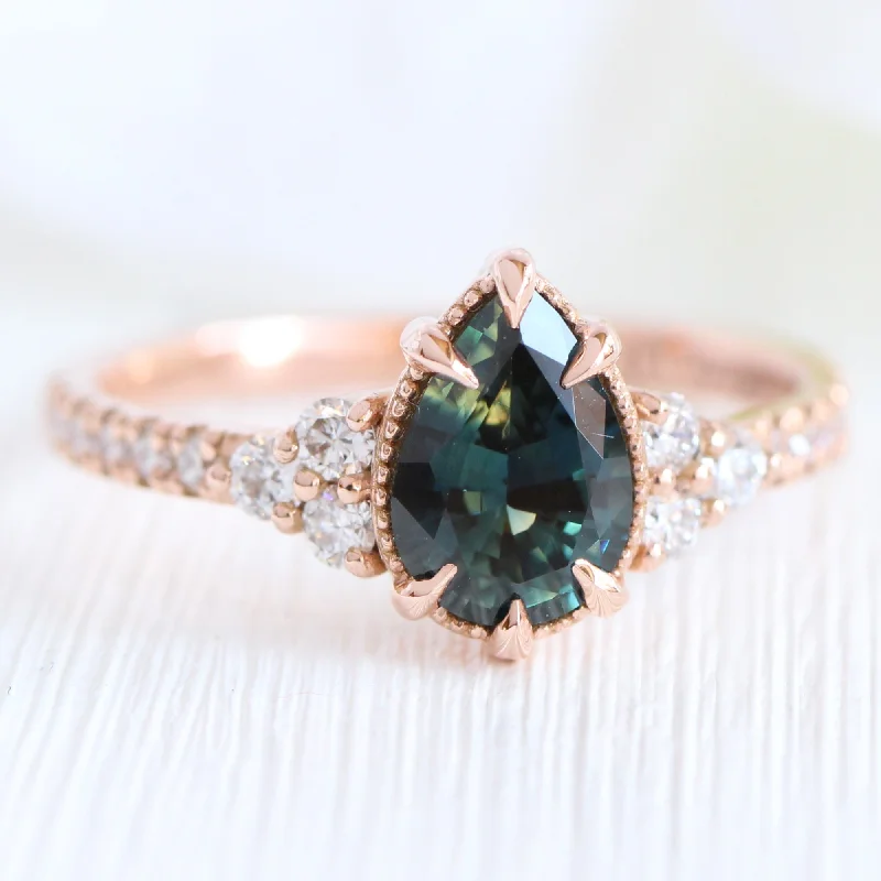 1.46 Ct Pear Teal Green Sapphire Ring in 14k Rose Gold Vintage 3 Diamond Ring, Size 6.5