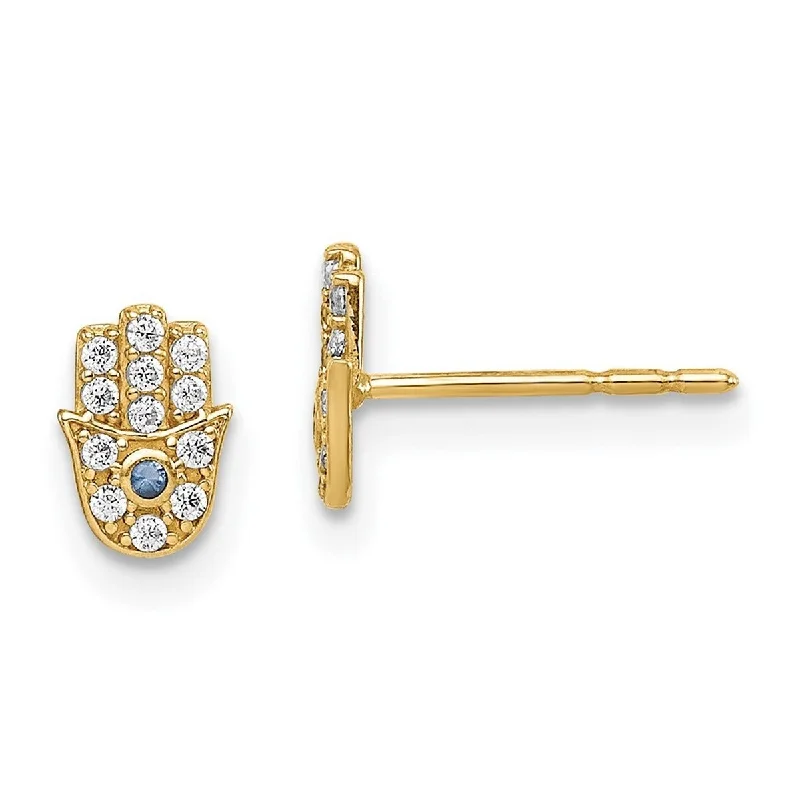 Curata 14k Yellow Gold CZ Cubic Zirconia 6.5mm Hamsa Post Earrings