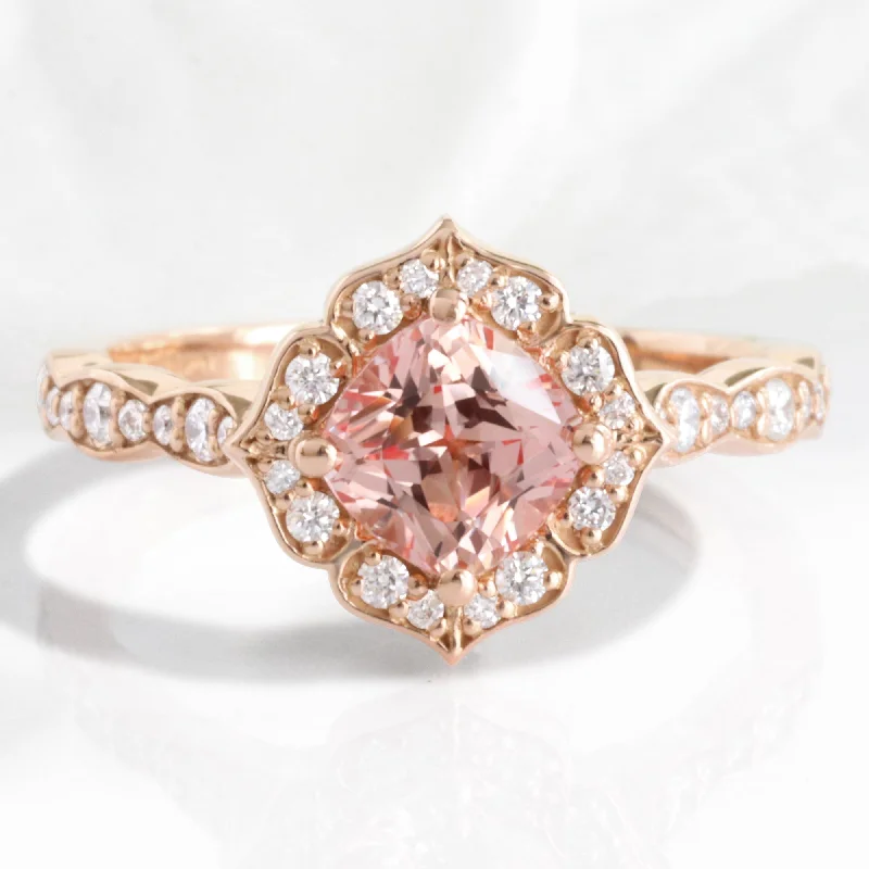 Peach Sapphire Halo Diamond Ring in 14k Rose Gold Vintage Floral Band Size 6.5