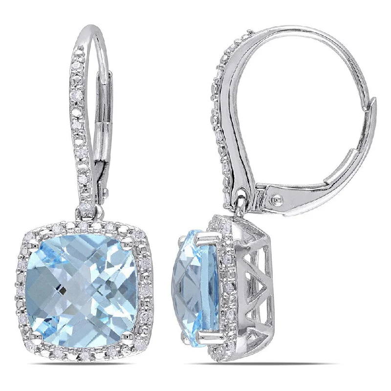 Miadora 10k White Gold Blue Topaz and 1/5ct TDW Diamond Drop Halo Earrings