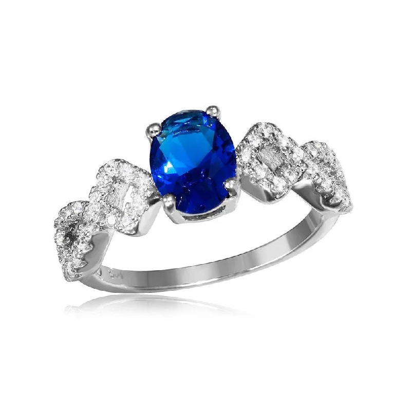 Silver 925 Rhodium Plated Sapphire Center Stone Ring with CZ Shank - BGR01053