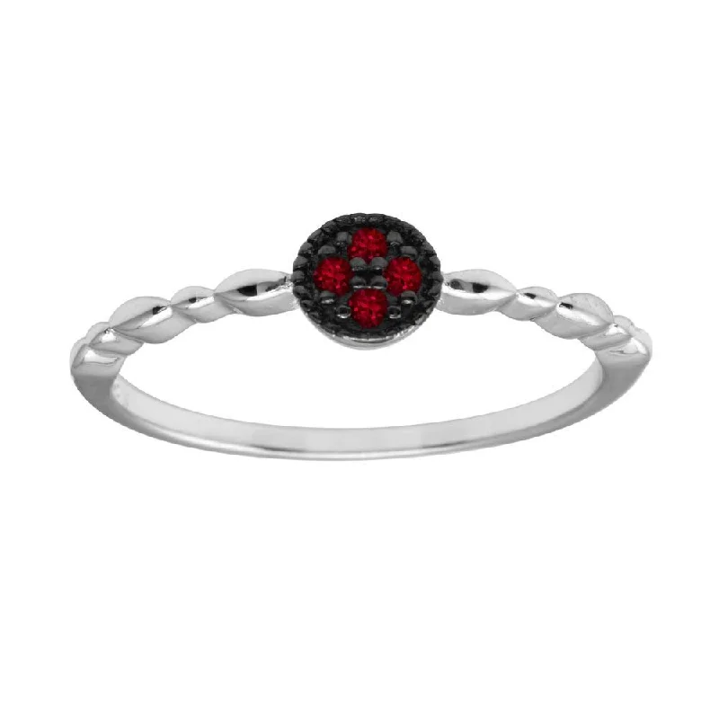 Rhodium Plated 925 Sterling Silver Round Shape 4 Red CZ Ring - BGR01228RED