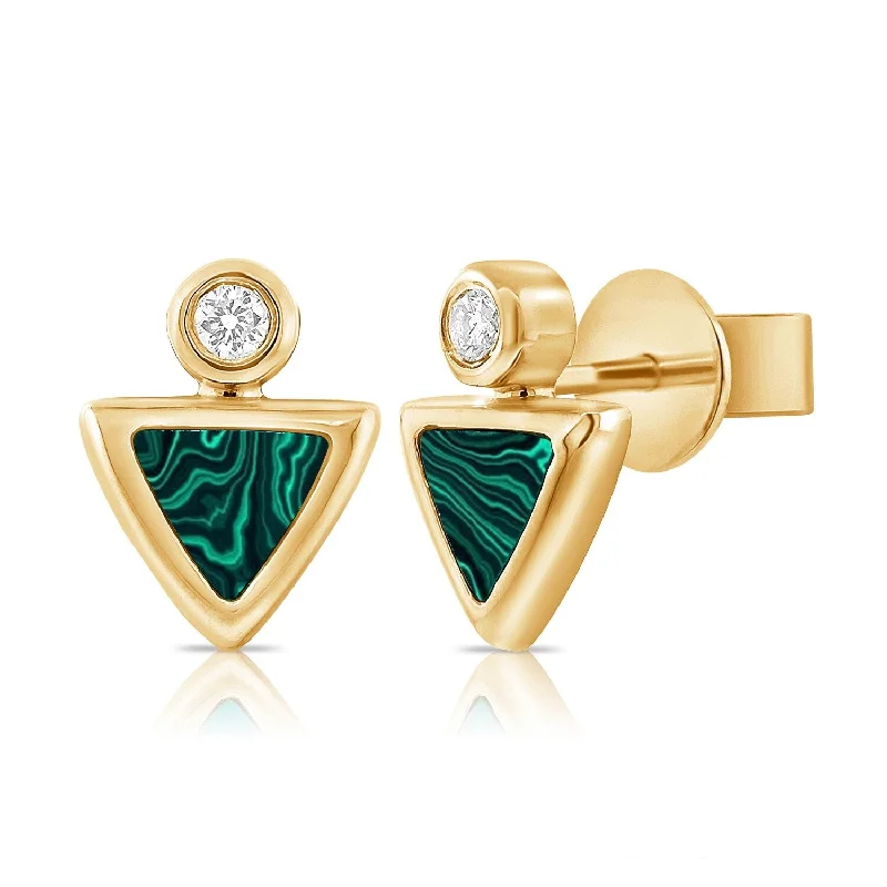 Joelle Triangle Shape Stud Earrings Malachite & Diamonds 14K Gold