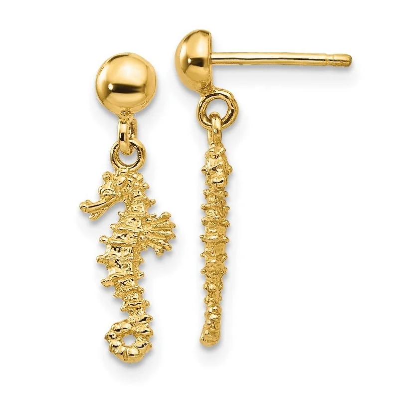 Curata 14k Yellow Gold Textured 3 D Mini Seahorse Dangle Post Earrings 20x6mm