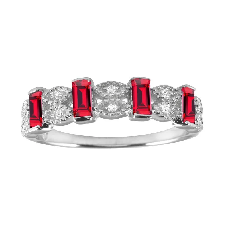 Rhodium Plated 925 Sterling Silver Red Bar CZ Link Ring  - BGR01223RED