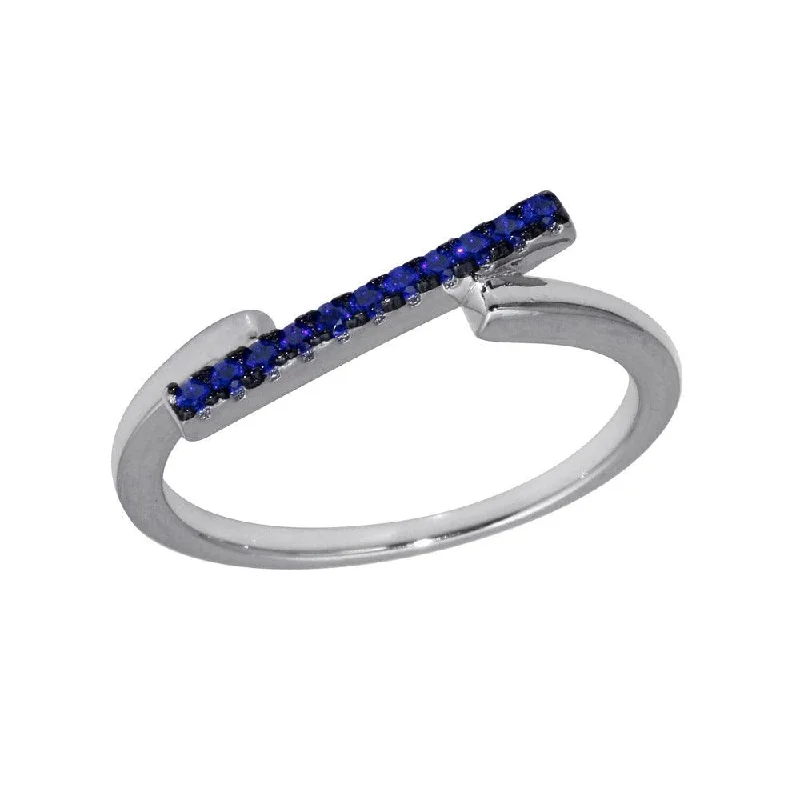 Rhodium Plated 925 Sterling Silver Blue CZ Bar Ring - BGR01234BLU