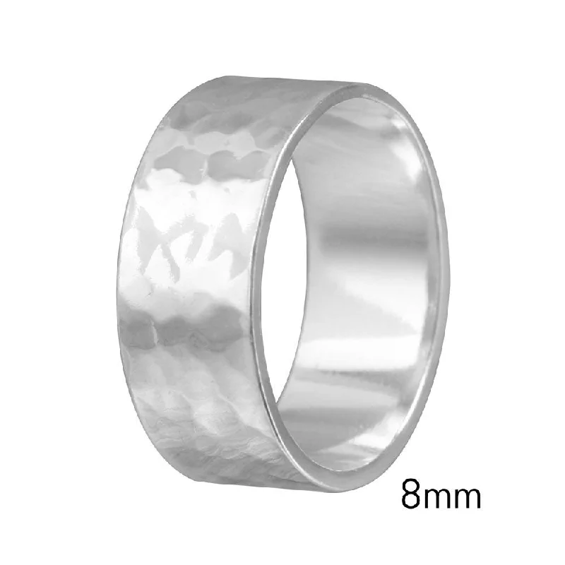 925 Sterling Silver Hand Hammered Wedding Band Flat Ring - RING03-8MM