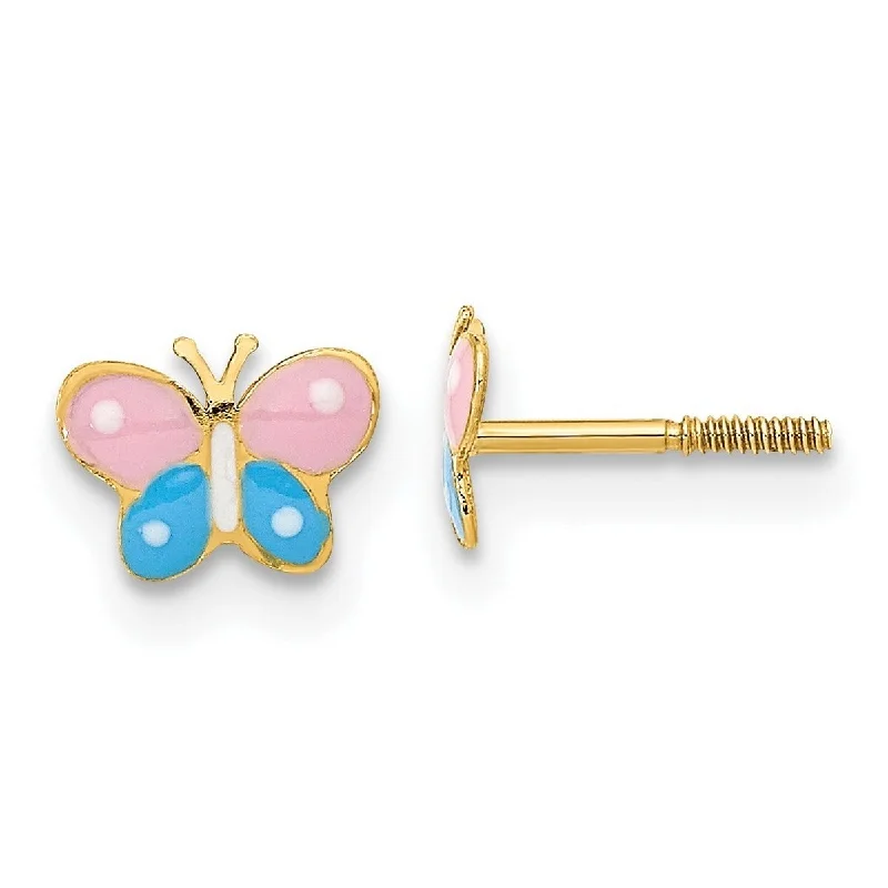 Curata 14kYellow Gold Pink/Blue Enamel Butterfly Screw back Post Earrings 5x7mm