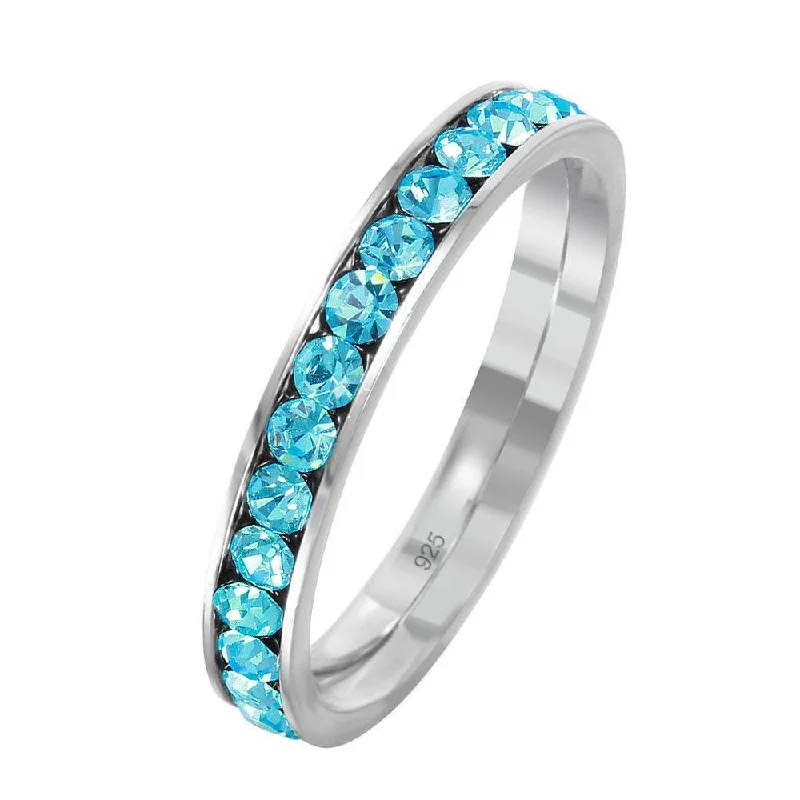 Silver 925 Rhodium Plated Birthstone March Channel Eternity Band - ETRY-MAR