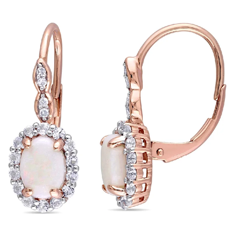 Miadora 14k Rose Gold Oval-cut Opal, White Topaz and Diamond Accent Halo Leverback Drop Earrings