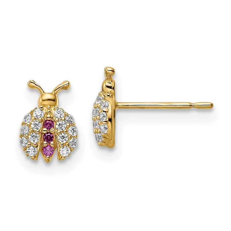 Curata 14k Gold Madi K Clear and Red CZ Cubic Zirconia Lady Bug Post Earrings - 7.8x5.5mm Wide