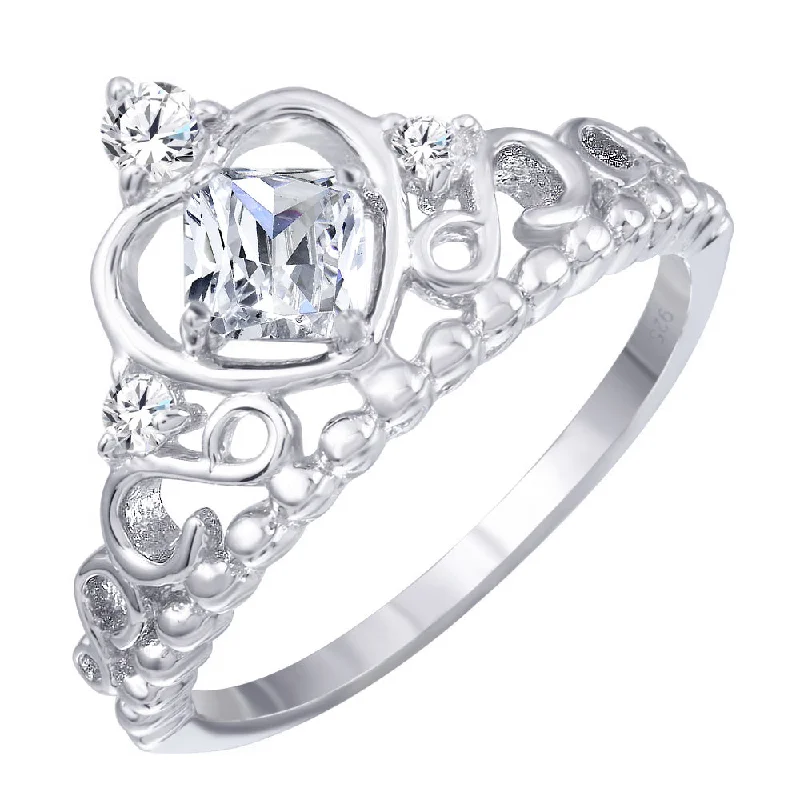 Rhodium Plated 925 Sterling Silver Crown Ring with Clear CZ - BGR01168CLR