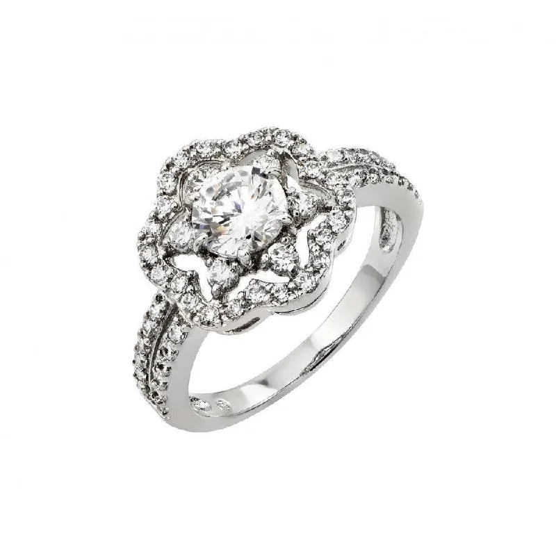 Silver 925 Rhodium Plated Clear Inlay CZ Flower Ring - BGR00791