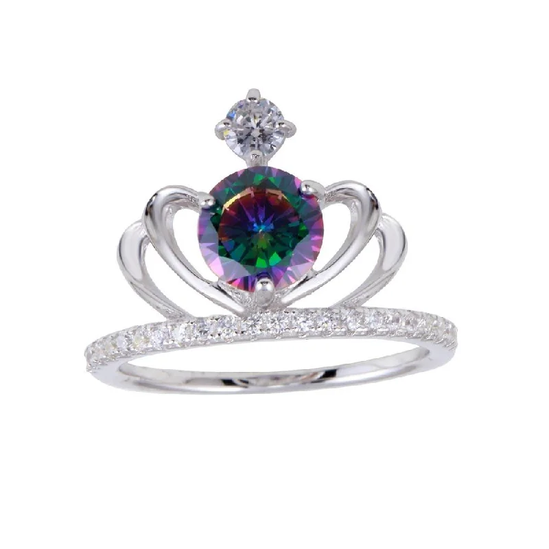 Rhodium Plated 925 Sterling Silver Crown Synthetic Mystic Topaz CZ Ring - BGR01255