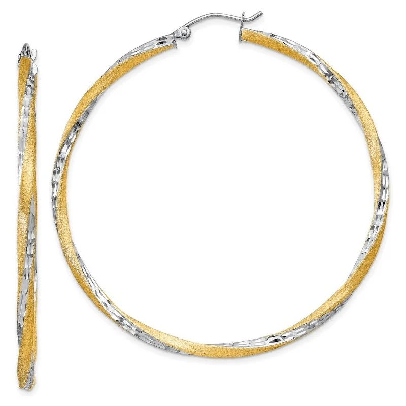 Curata 14k Yellow Gold and Rhodium Sparkle Cut 56.5x 2.5mm Twisted Hoop Earrings