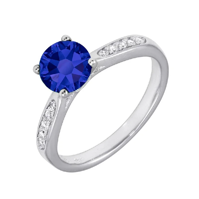 Rhodium Plated 925 Sterling Silver Round Blue CZ Center Stone Ring - BGR01231BLU