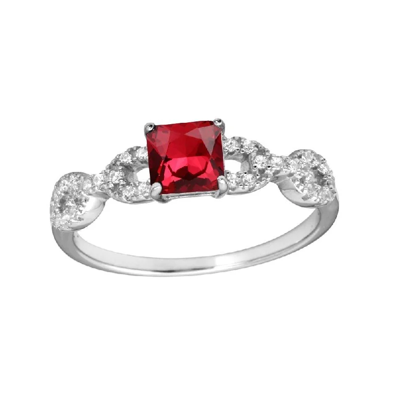 Rhodium Plated 925 Sterling Silver Square Red CZ Center Stone Chain Design Shank Ring - BGR01225RED