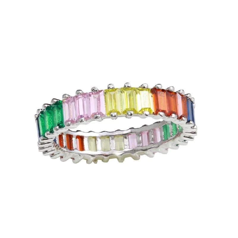 Rhodium Plated 925 Sterling Silver Multi-Colored Rectangular CZ Stone Ring - GMR00208RBC