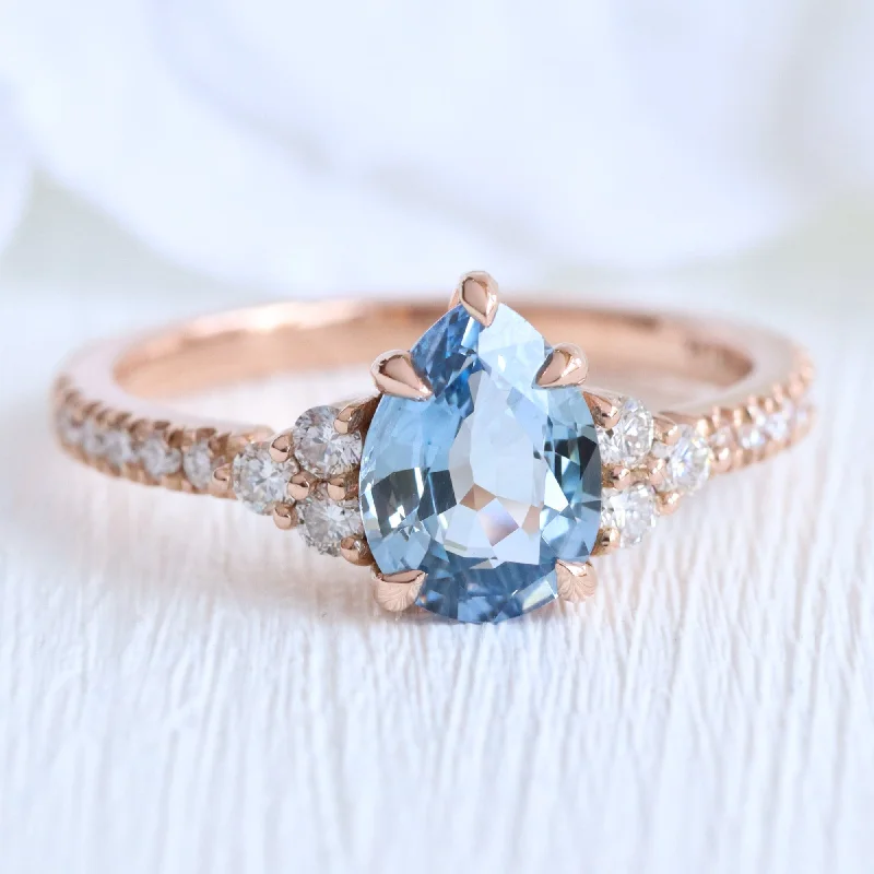 1.92 Ct. Pear Teal Blue Sapphire Ring in 14k Rose Gold 3 Stone Diamond Ring, Size 6.5