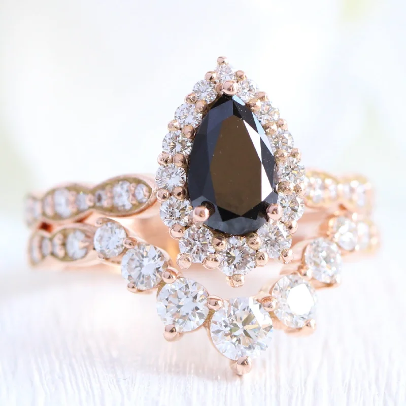 Tiara Halo Pear Black Diamond Ring Set w/ Large 7 Diamond Curved Scalloped Band