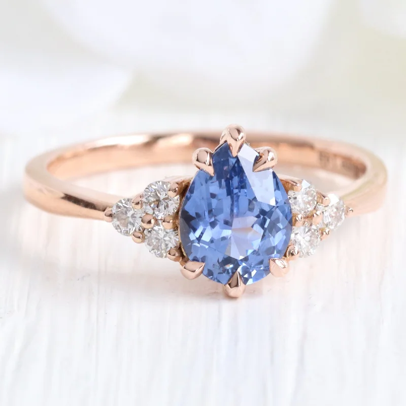 1.34 Ct Pear Ceylon Blue Sapphire Ring in 14k Rose Gold 3 Diamond Ring, Size 6.25