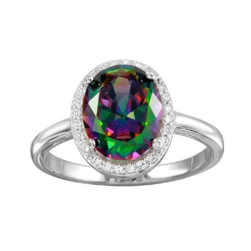 Rhodium Plated 925 Sterling Silver Oval Halo Mystic Topaz CZ Ring - BGR01269